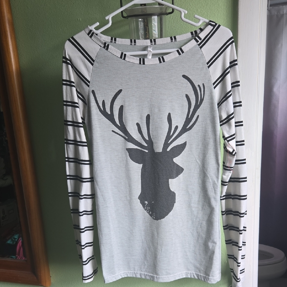 Striped Long Sleeve Deer Print Top